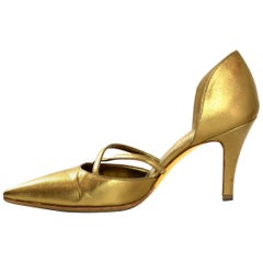 Chanel Gold Leather Pointy Toe Pumps sz 37.5