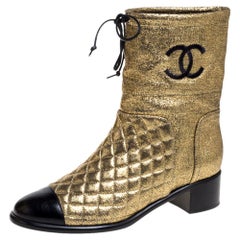 Chanel Gold Leather Quilted CC Logo Ankle Boots Size 39