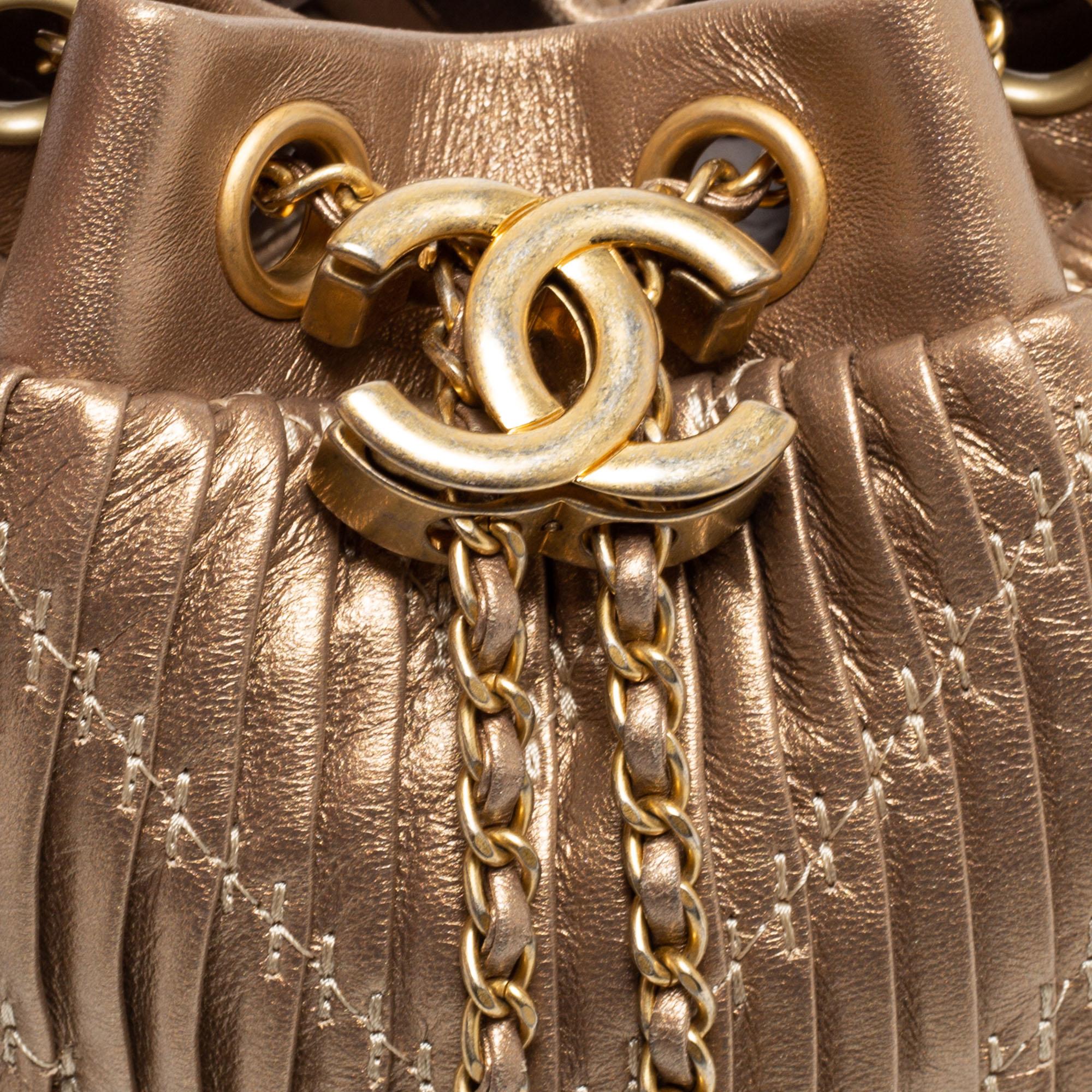 Chanel Gold Leather Small Coco Pleats Drawstring Bucket Bag 4