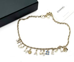 Chanel Gold Letter Crystal Flower Pendants Chain Necklace
