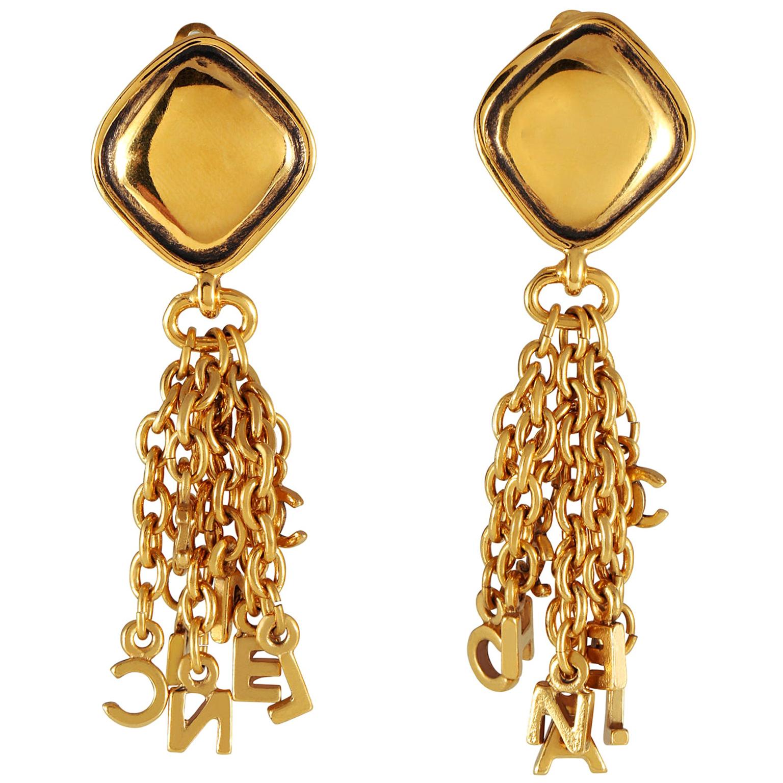 Chanel Gold Letter Fringe Earrings