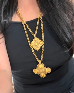 Chanel Gold Lion Cross Layered Chain Pendant Necklace