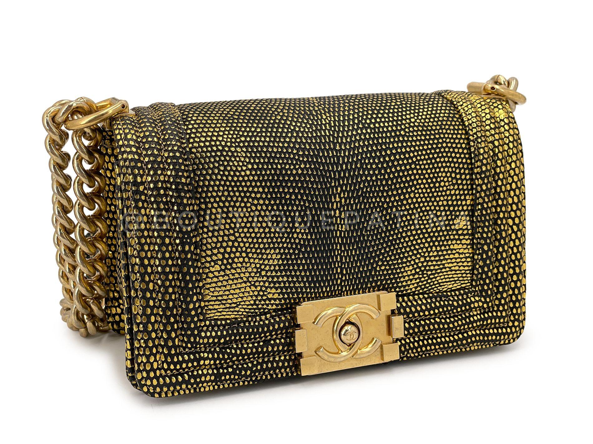 Chanel Gold Lizard Small Boy Flap Bag GHW 67969 In Excellent Condition For Sale In Costa Mesa, CA