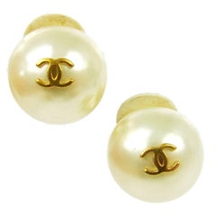 Chanel Gold Logo Charm Evening Pearl Stud Earrings in Box