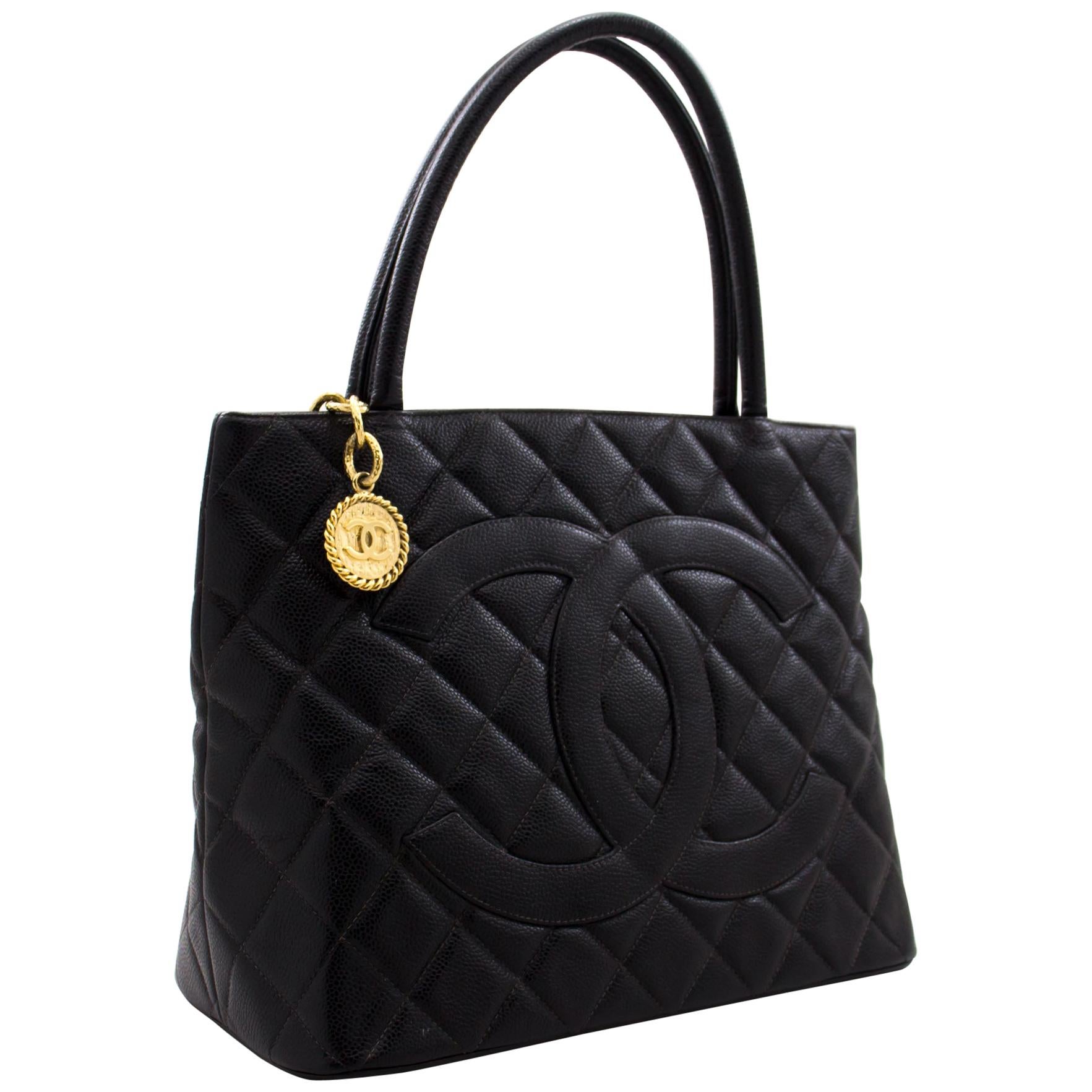 CHANEL Gold Medallion Caviar Shoulder Bag Grand Shop Tote Black