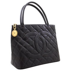 CHANEL Gold Medallion Caviar Shoulder Bag Grand Shop Tote Black