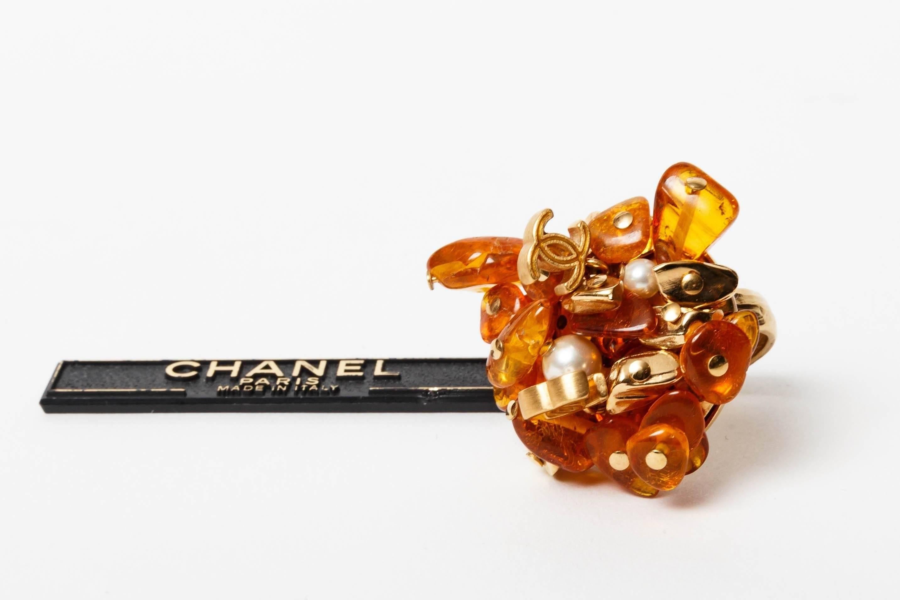 Chanel Gold Metal Adjustable Logo Ring with Amber Resin   For Sale 1