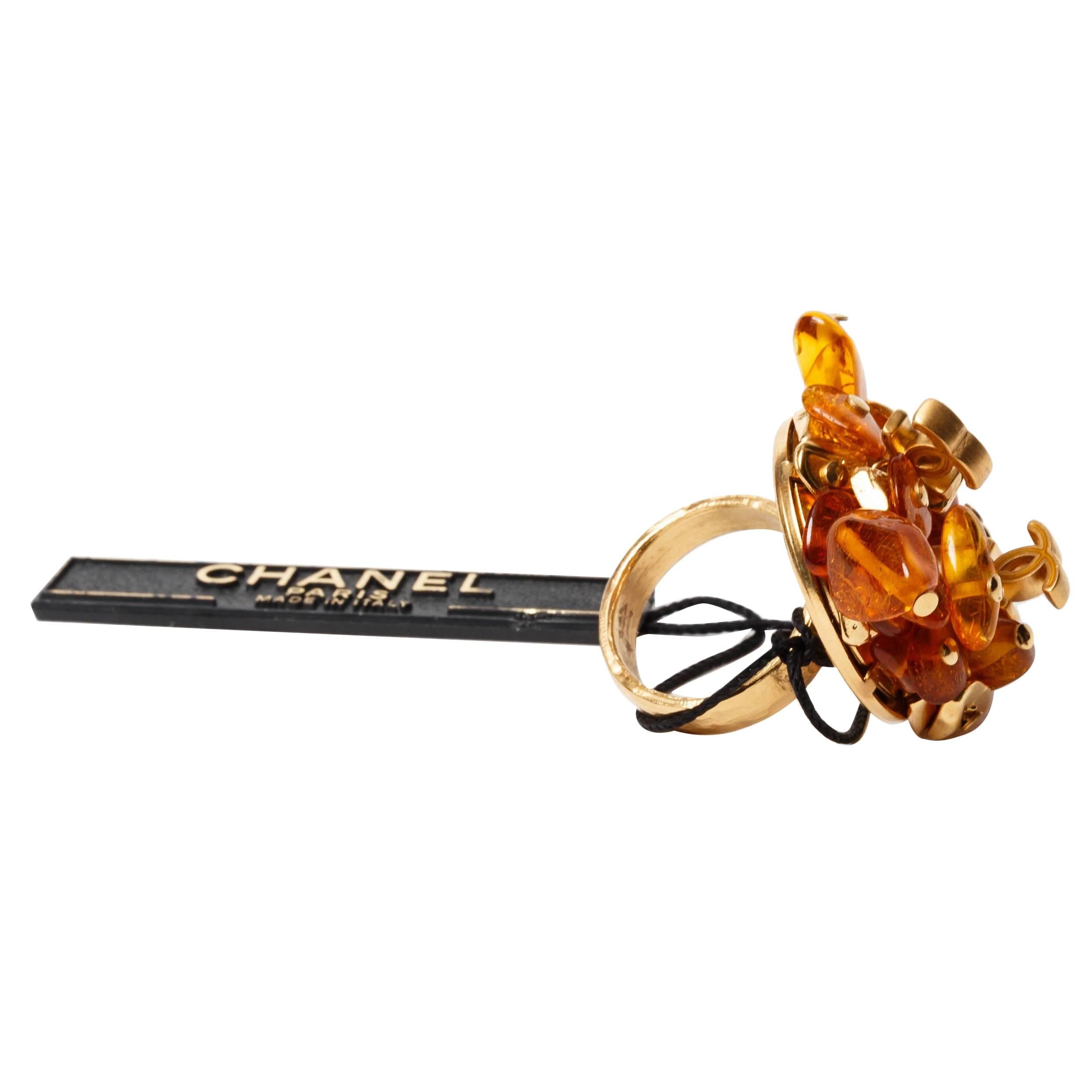 Chanel Gold Metal Adjustable Logo Ring with Amber Resin   For Sale
