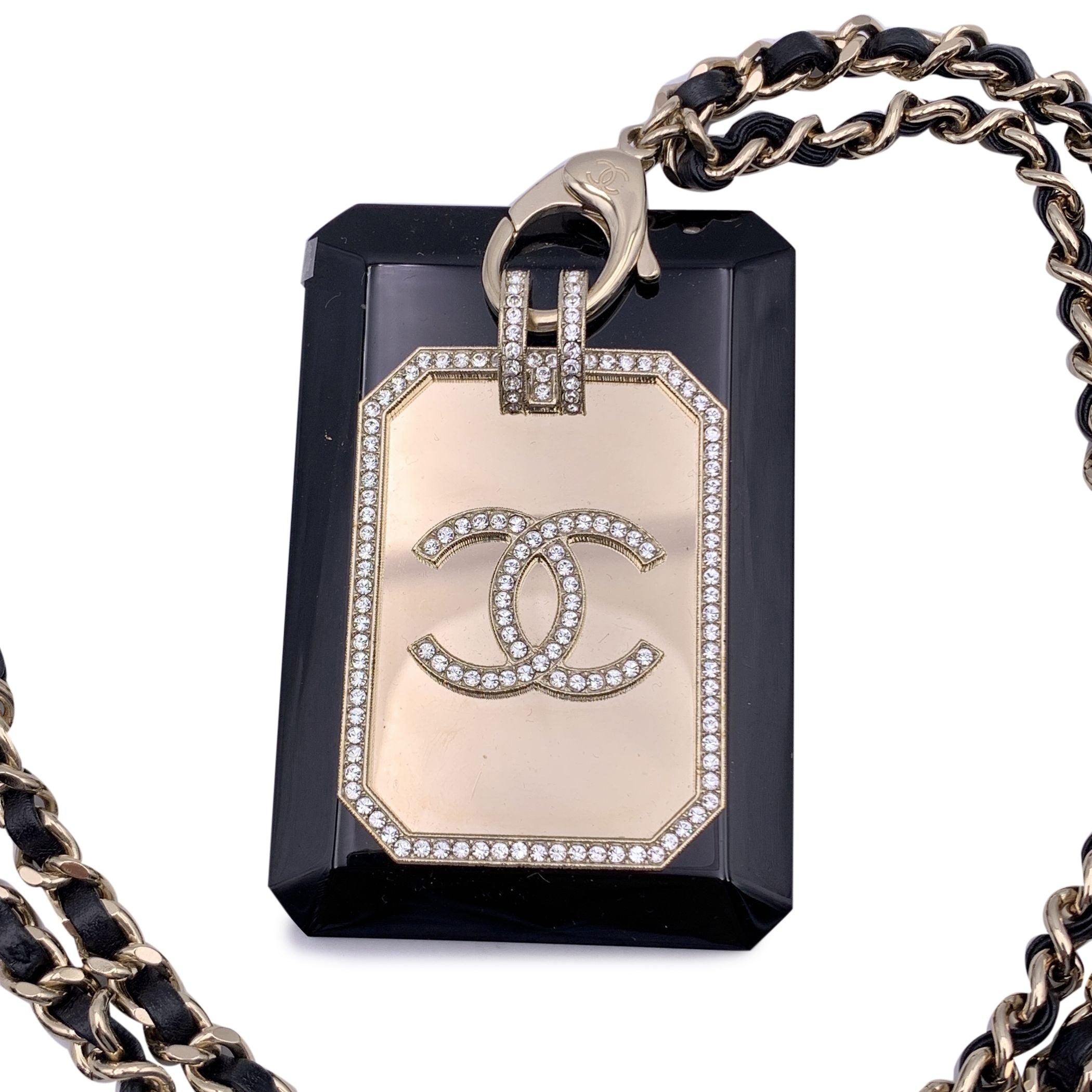 Women's Chanel Gold Metal and Black Card Holder Chain Necklace with Crystals
