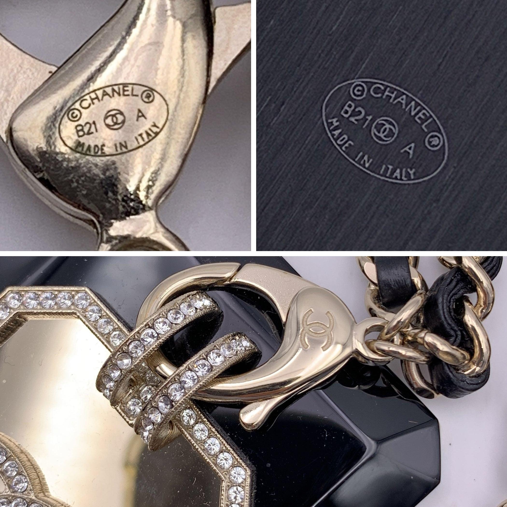 Chanel Gold Metal and Black Card Holder Chain Necklace with Crystals 1