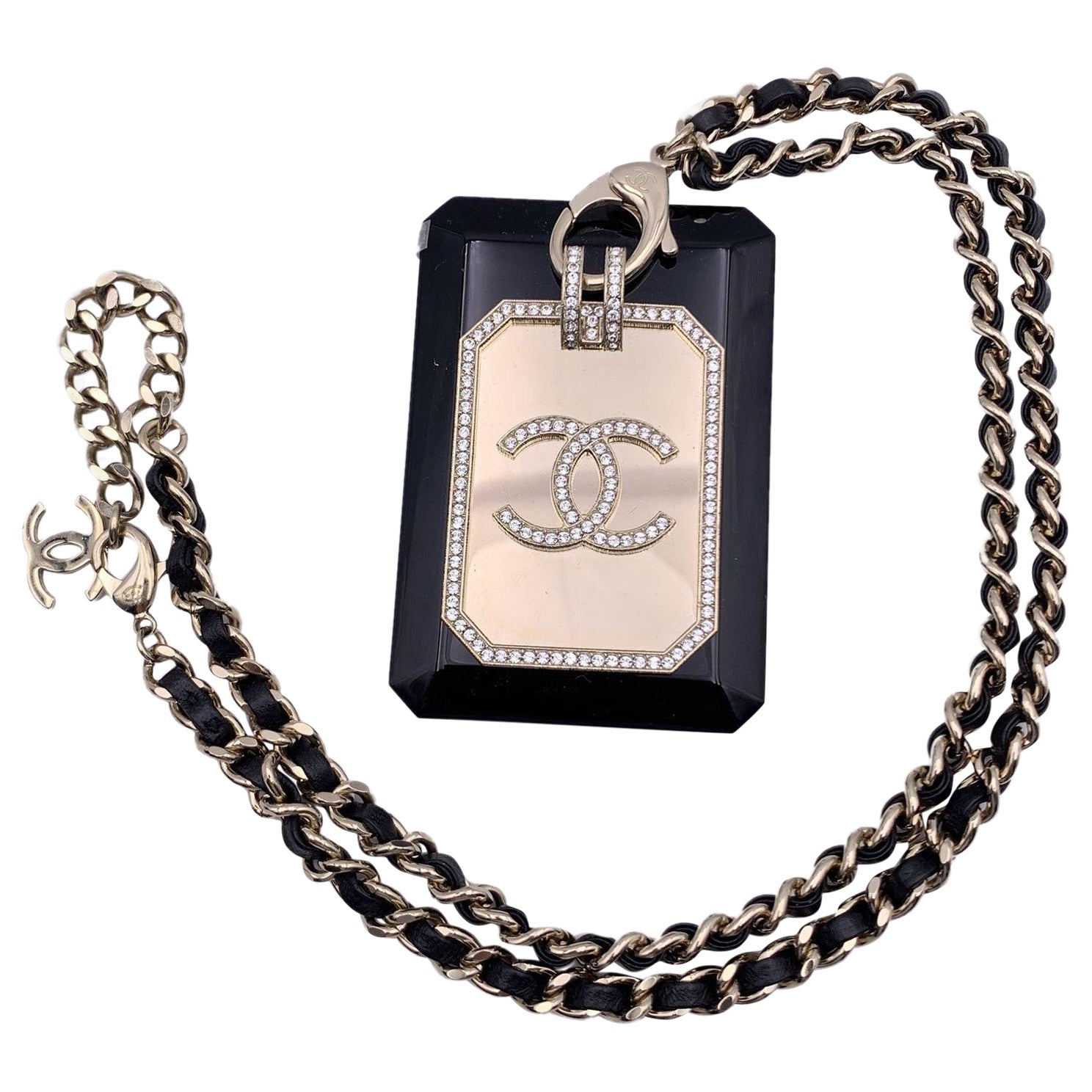 Chanel Gold Metal and Black Card Holder Chain Necklace with Crystals