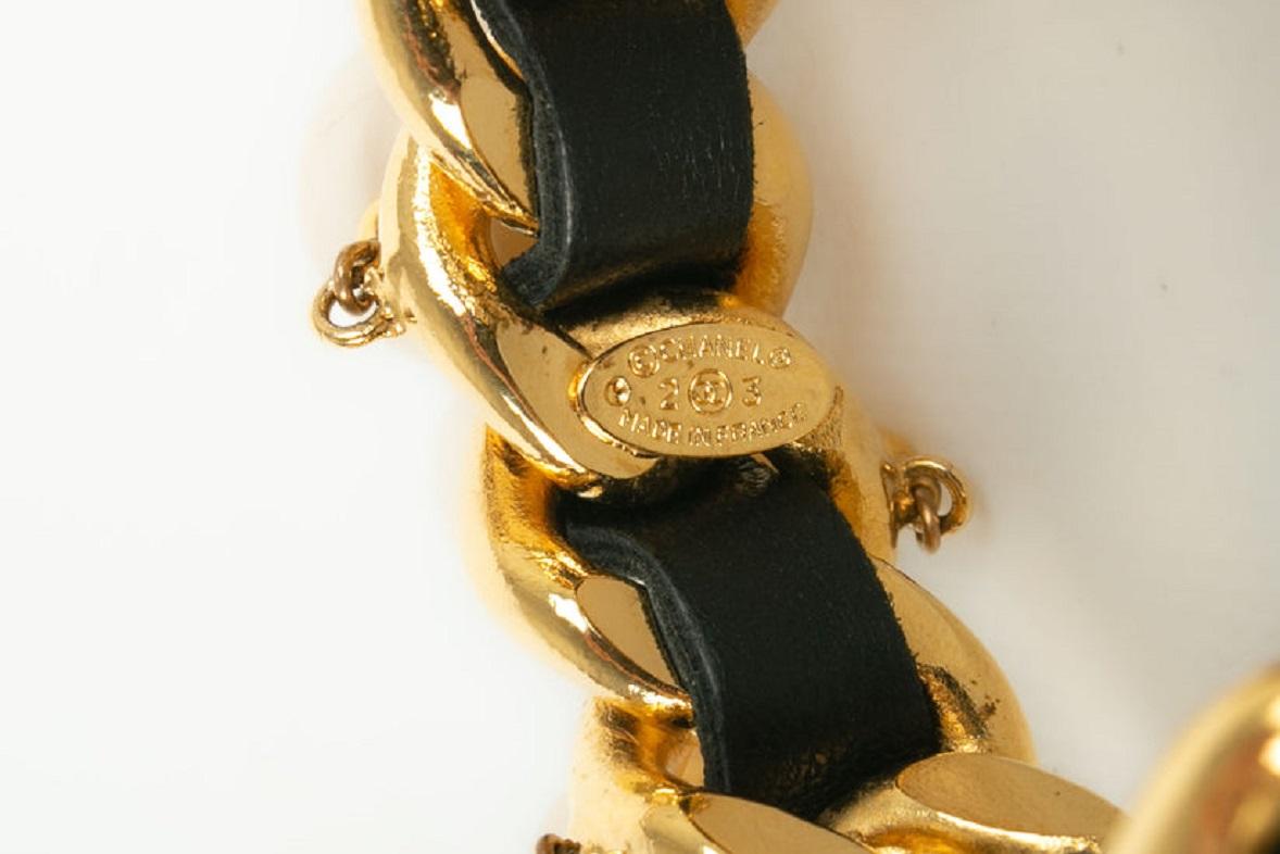 Chanel Gold Metal and Black Leather Bracelet, 1990's For Sale 4
