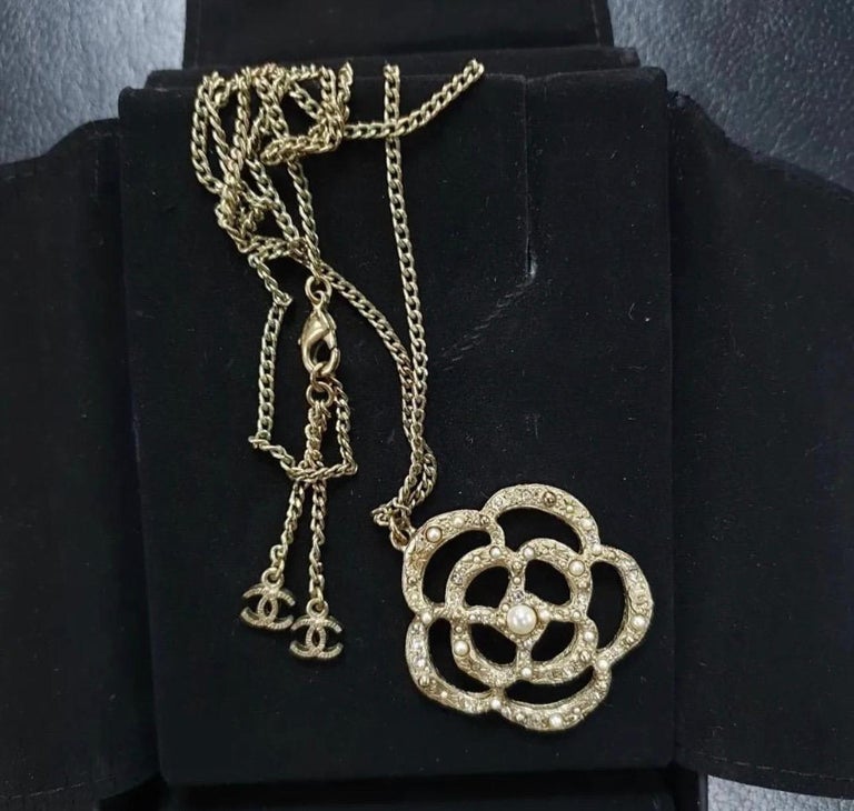 Necklaces Chanel Chanel Gold Metal and Faux Pearl Camellia Pendant Necklace