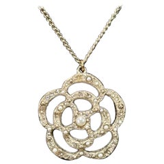 Chanel Gold Metal and Faux Pearl Camellia Pendant Necklace