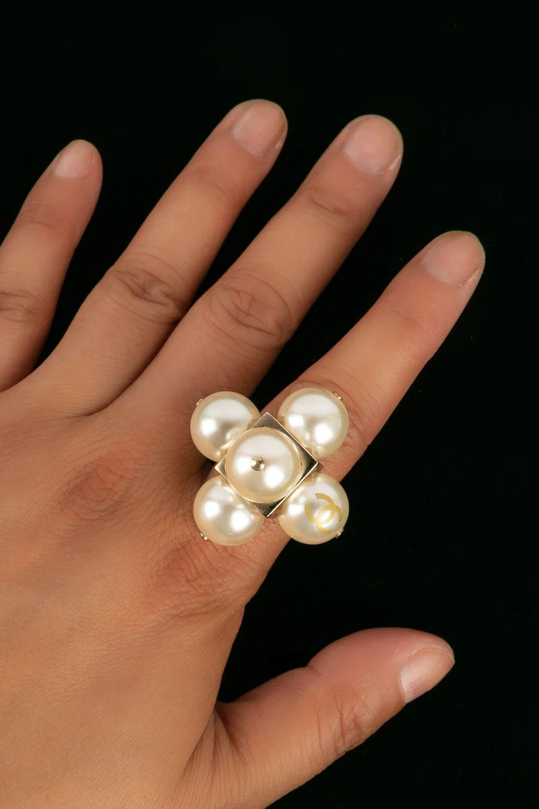 Chanel Gold Metal and Pearl Ring, 2014 For Sale 5