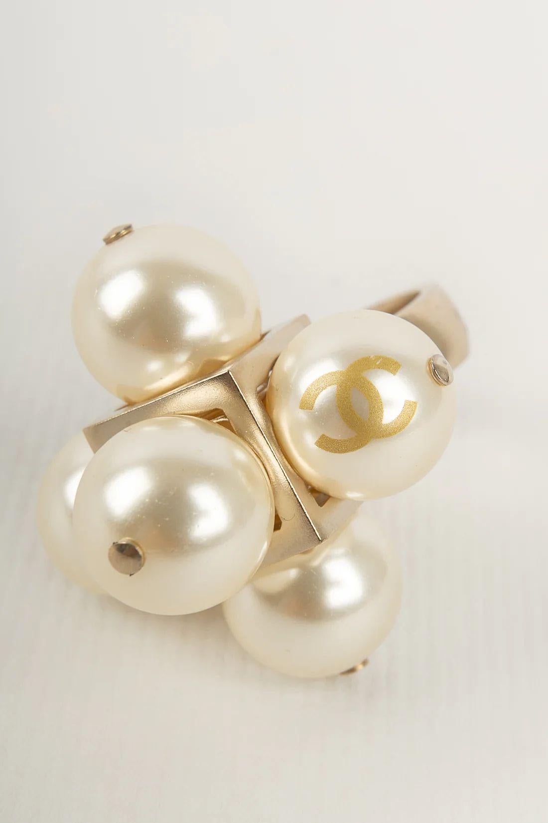 Women's Chanel Gold Metal and Pearl Ring, 2014 For Sale