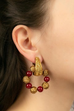 Chanel Gold Metal and Red Glass Beads Creole Style Earrings