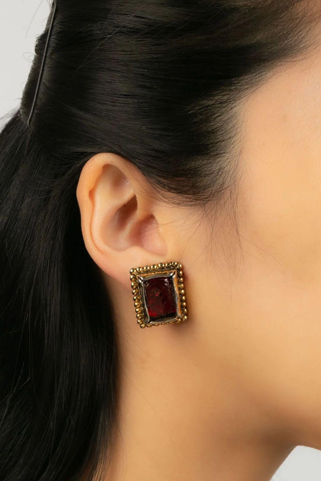 Chanel Gold Metal and Red Glass Paste Earrings For Sale 2