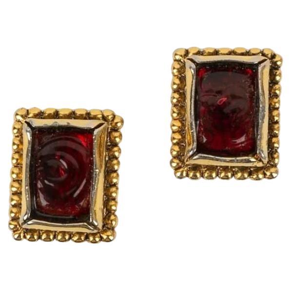 Chanel Gold Metal and Red Glass Paste Earrings For Sale