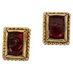 Retro Chanel Gold Metal and Red Glass Paste Earrings