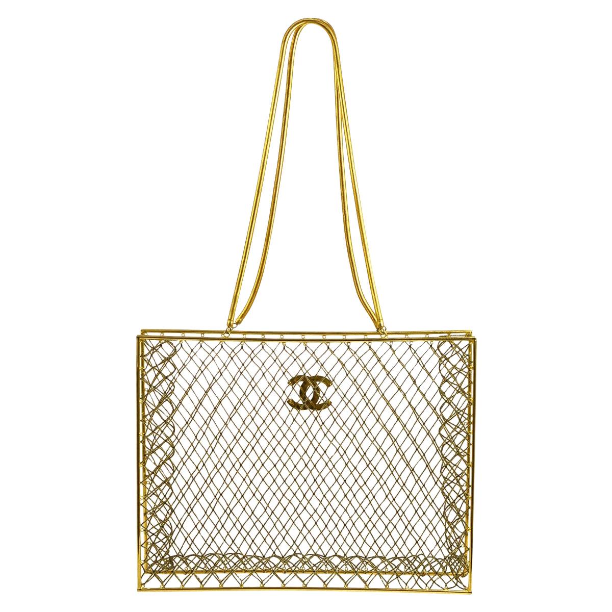 Chanel Gold Metal Beaded See Through Carryall Travel Shoulder Tote Bag in Box