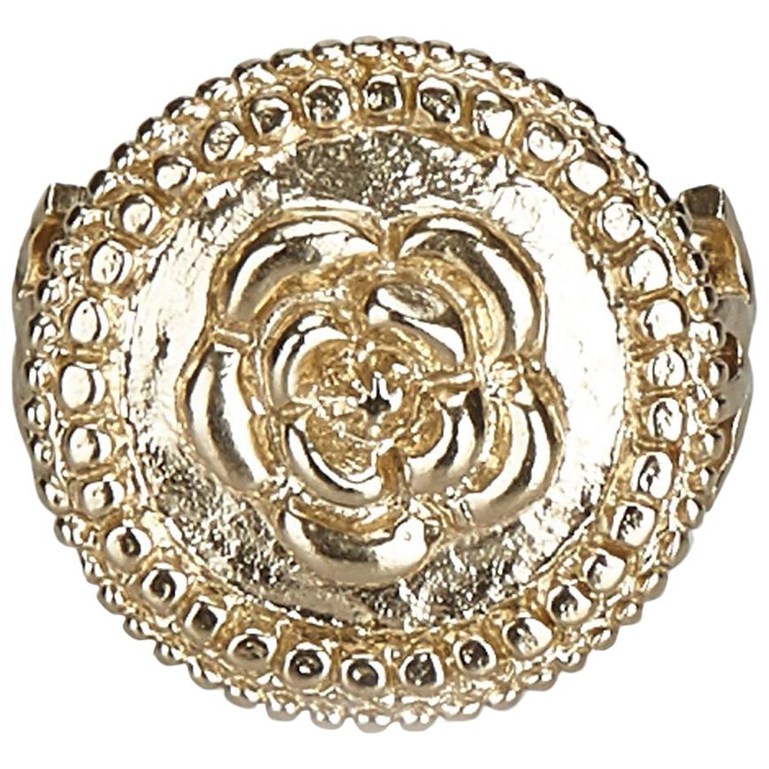 Chanel Gold  Metal Camellia lic Ring France w/ Box For Sale