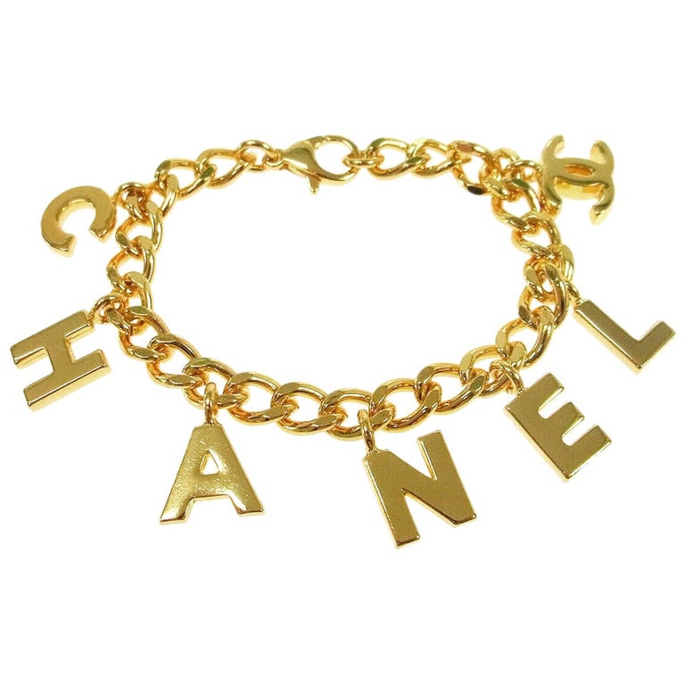 Chanel Gold Metal Chain 'CHANEL' Charm Word Logo Evening Bracelet For ...