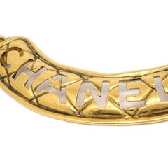 CHANEL Gold Metal 'CHANEL' Plate Logo Double Chain Link Choker Necklace