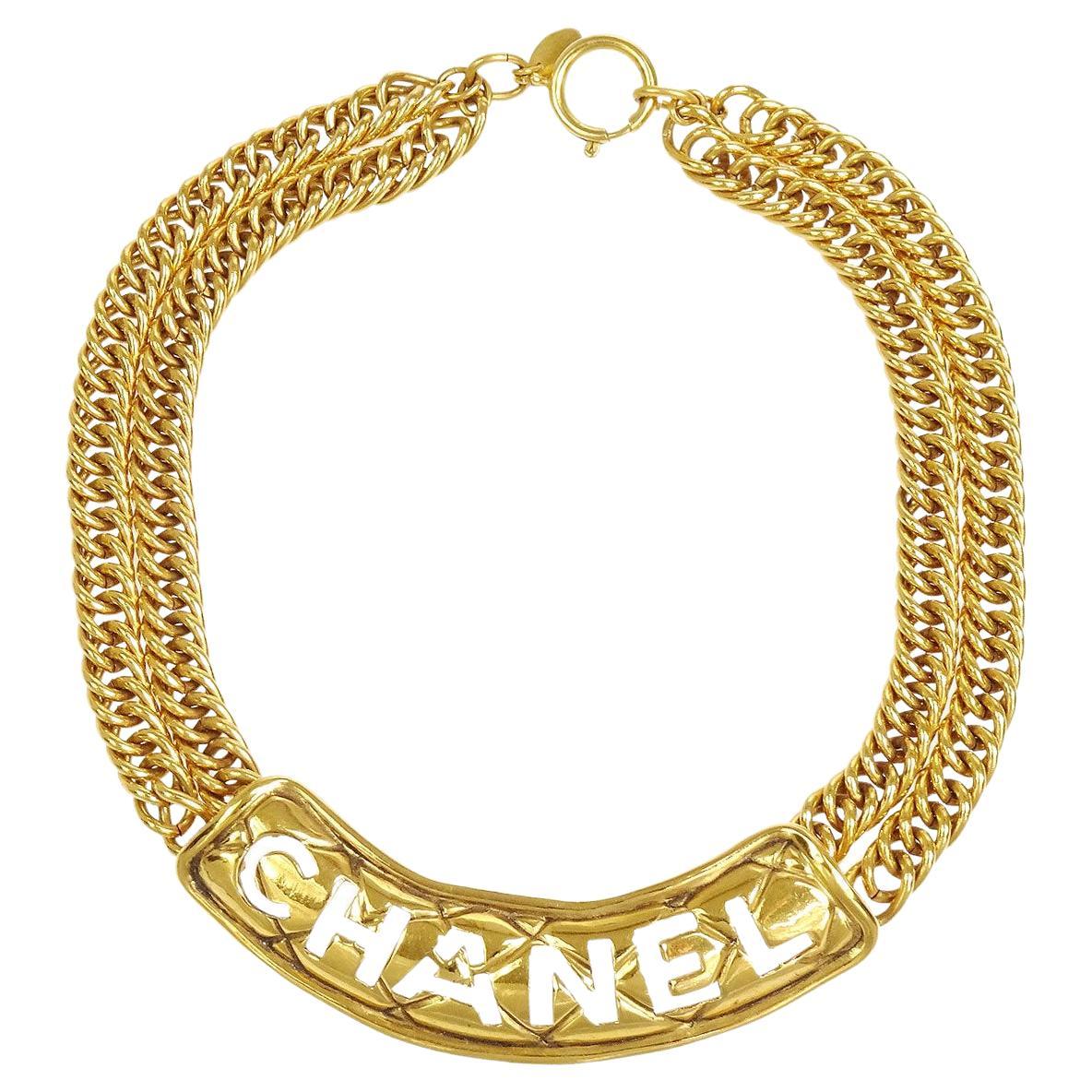 CHANEL Gold Metal 'CHANEL' Plate Logo Double Chain Link Choker Necklace