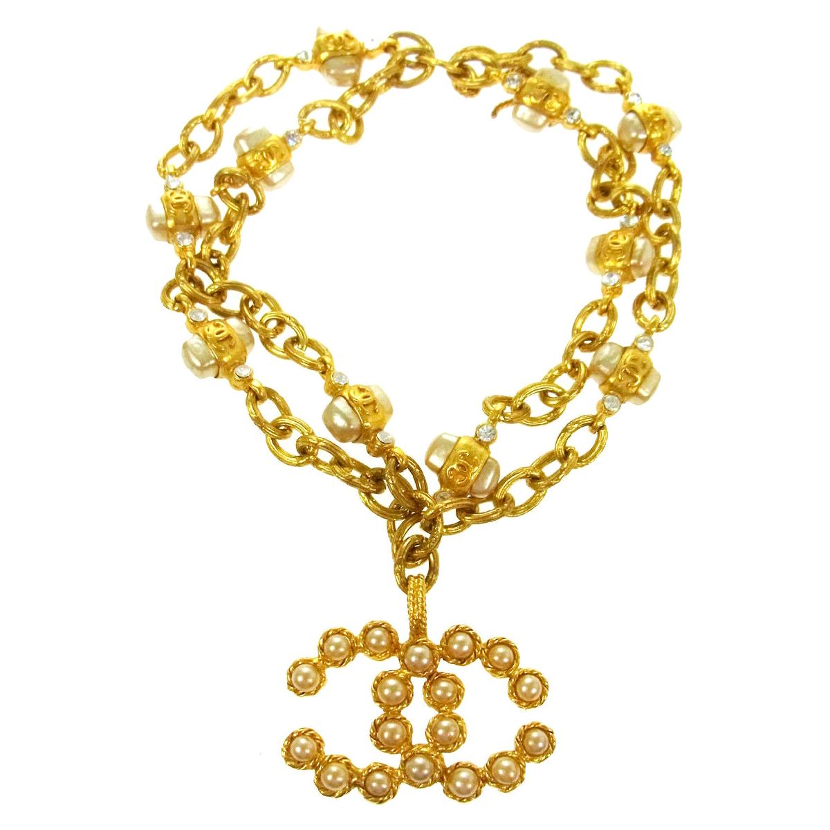 Chanel Gold Metal Faux Pearl Logo Charm Chain Layered Statement Bracelet