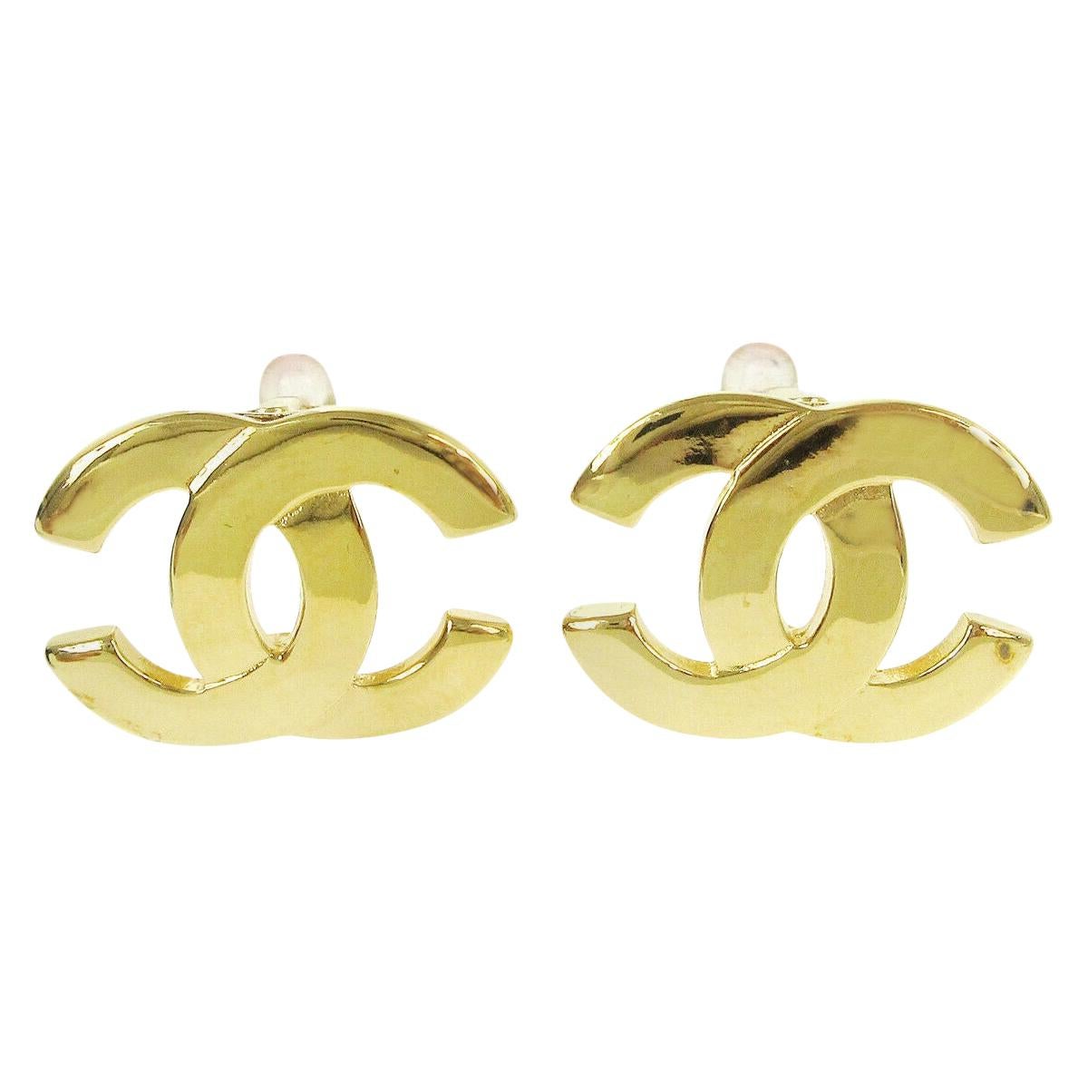 Chanel Gold Metal Logo Charm Small Logo Evening Stud Earrings in Box