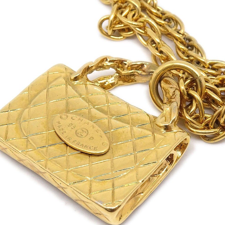 Chanel Large Quilted Bag Charm Pendant Necklace on Double Link Chain