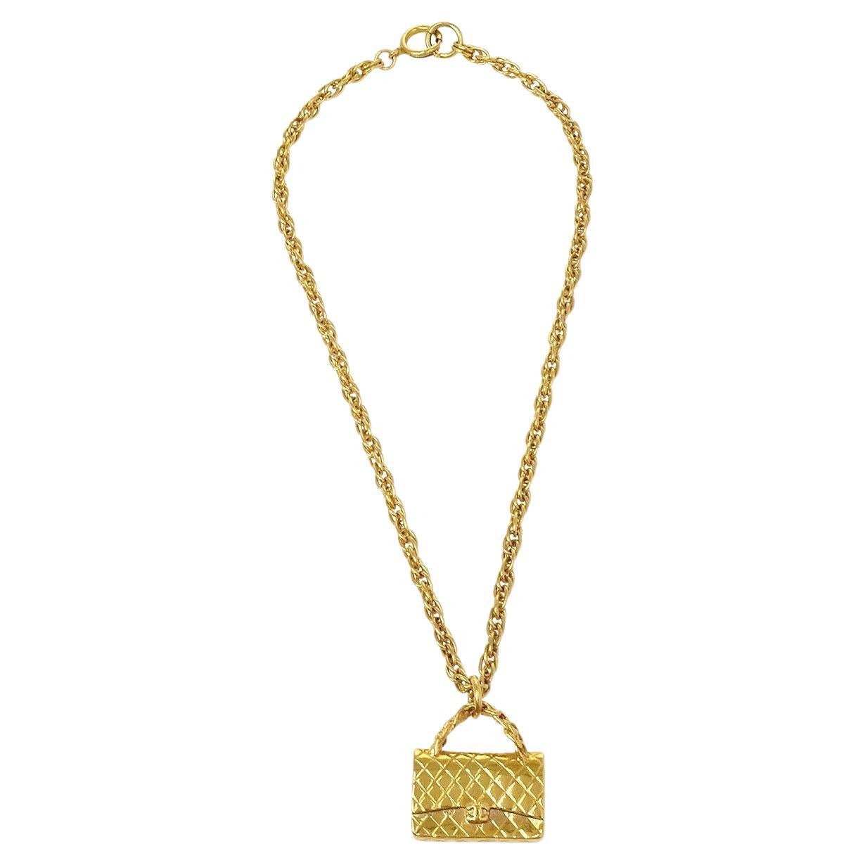 CHANEL Gold Metal Quilted Flap Bag Charm Chain Link Necklace For