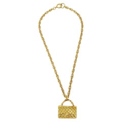 Vintage CHANEL Gold Metal Quilted Flap Bag Charm Chain Link Necklace 