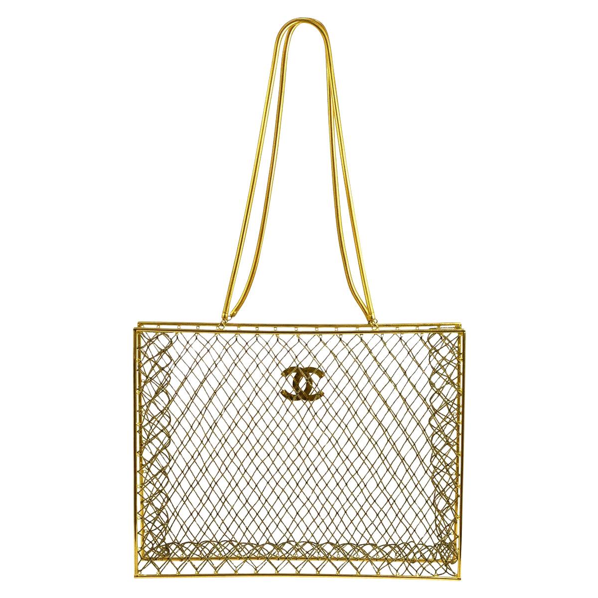 Chanel Gold Metal Transparent See-Through Carryall Travel Shoulder Tote Bag