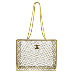 Retro Chanel Gold Metal Transparent See-Through Carryall Travel Shoulder Tote Bag