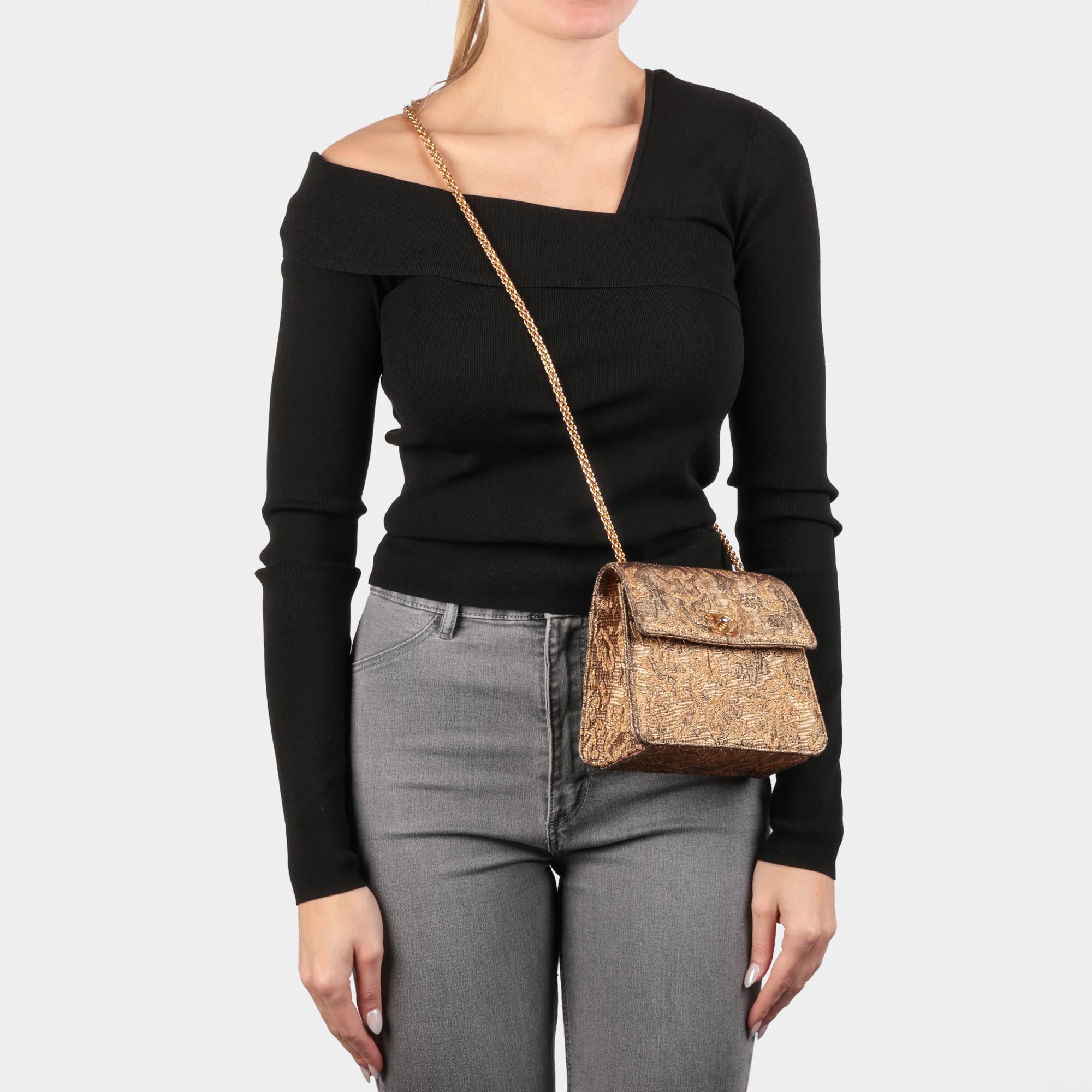 CHANEL Gold Metallic Floral Woven Jacquard Vintage Mini Flap Bag For Sale 8