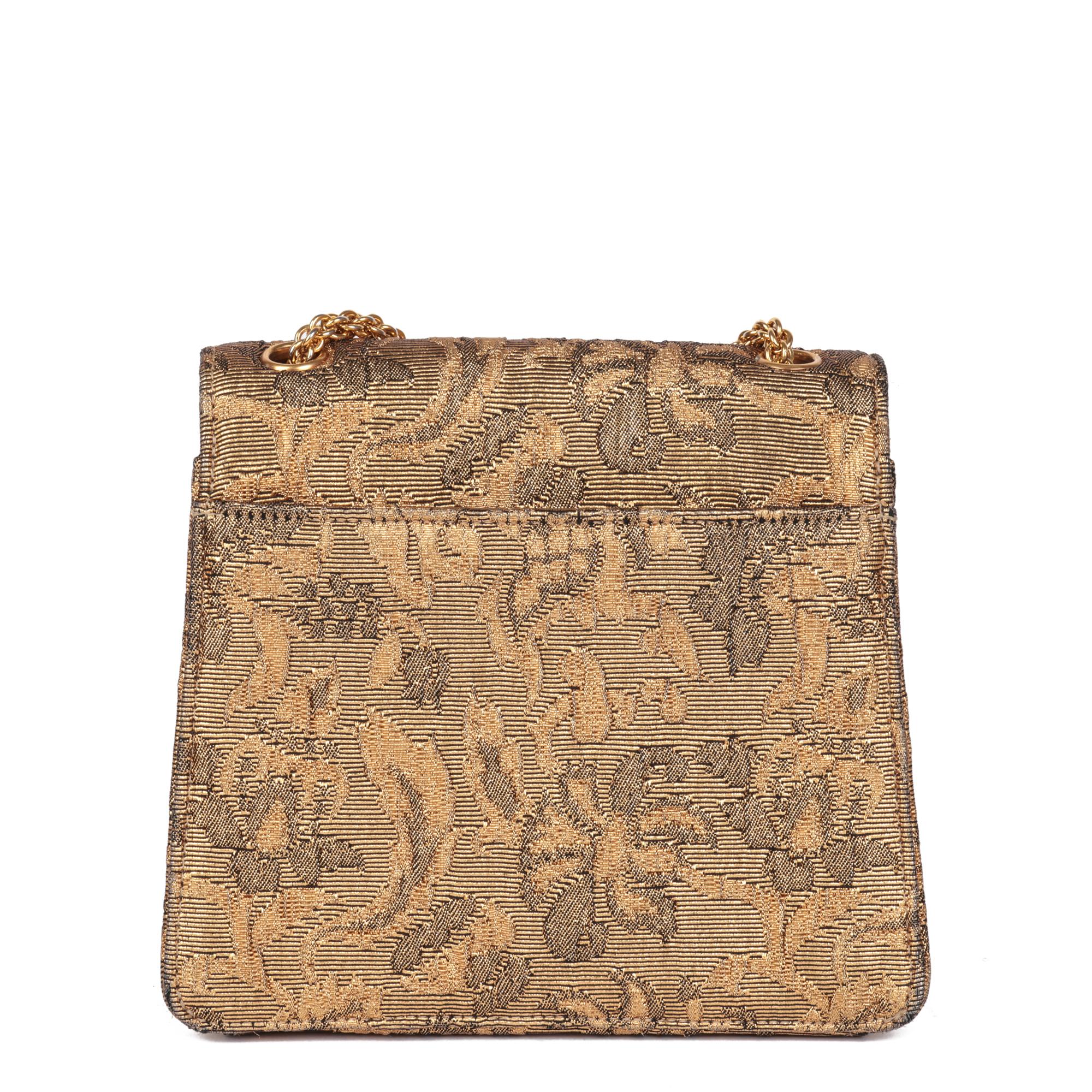 CHANEL Gold Metallic Floral Woven Jacquard Vintage Mini Flap Bag In Good Condition For Sale In Bishop's Stortford, Hertfordshire
