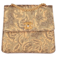 CHANEL Gold Metallic Vintage Mini-Klappentasche aus gewebtem Jacquard mit Blumenmuster