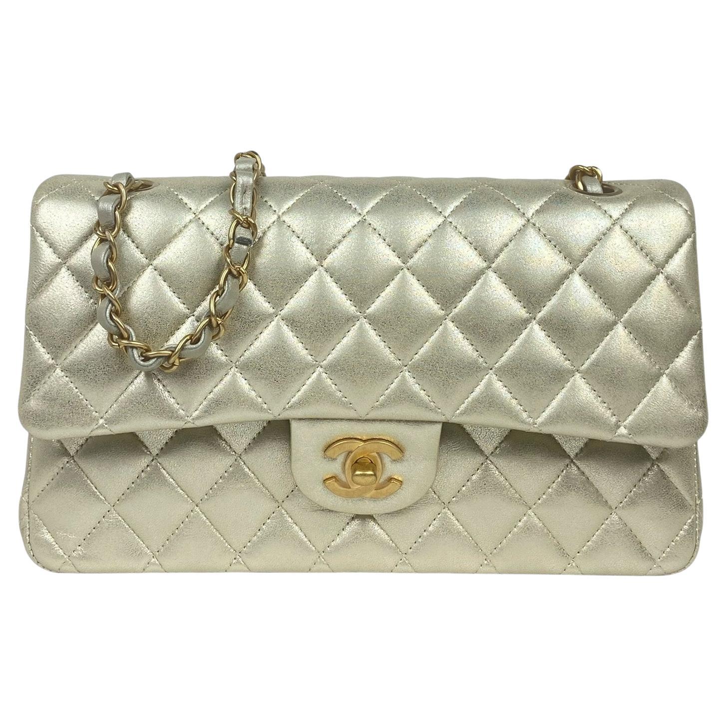 Chanel Gold Metallic Lambskin Leather 10" Medium Double Flap Classic Bag