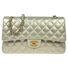 Chanel Gold Metallic Lambskin Leather 10" Medium Double Flap Classic Bag