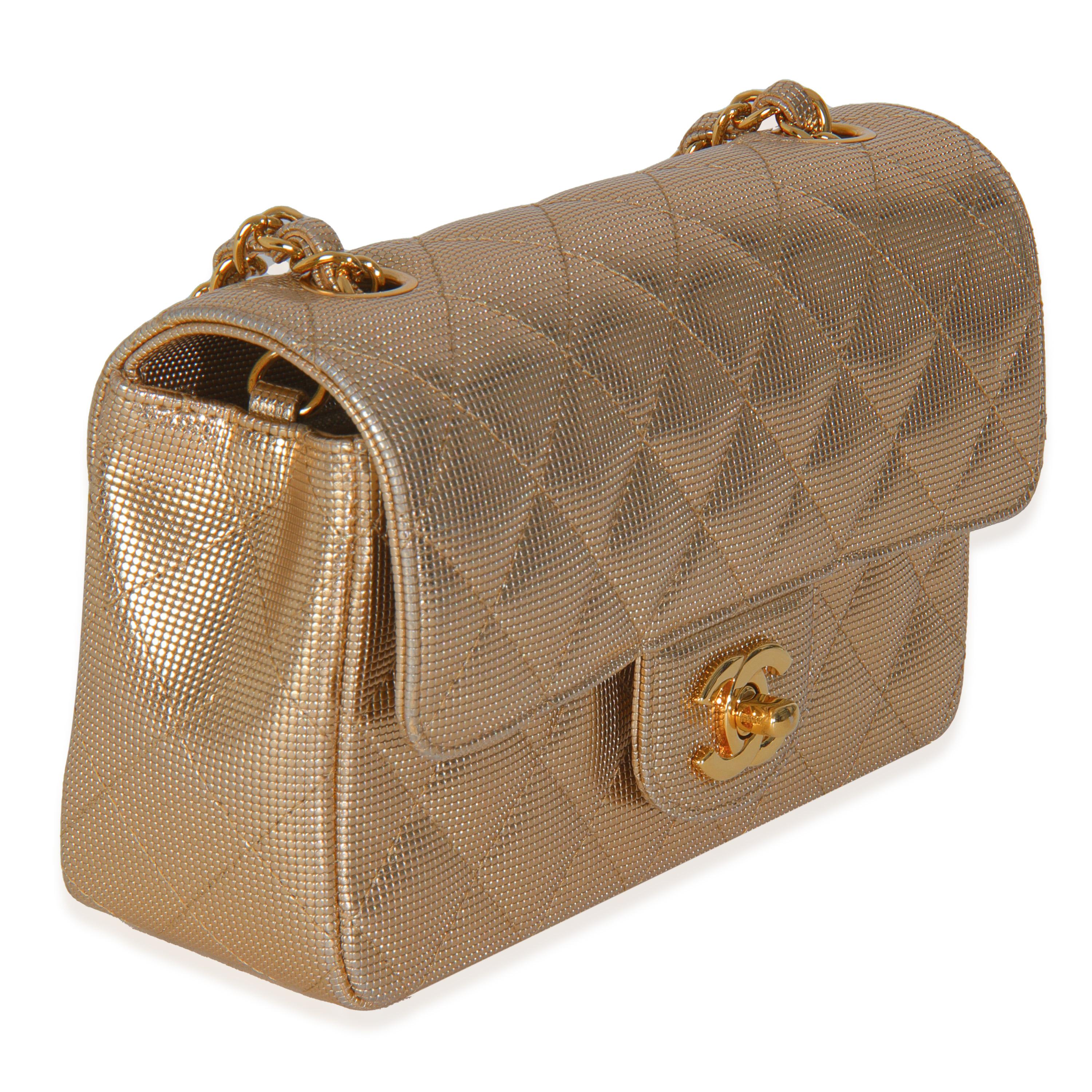 Marron Chanel Gold Metallic Lambskin Perforated Mini Rectangular Flap Bag en vente