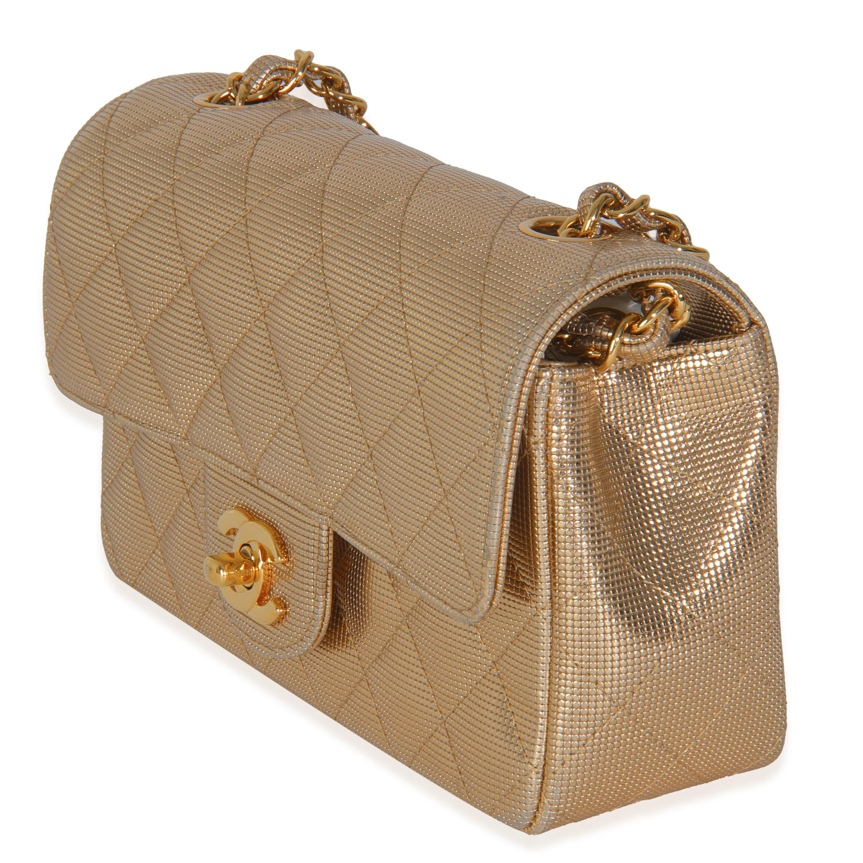 Chanel Gold Metallic Lambskin Perforated Mini Rectangular Flap Bag Excellent état - En vente à New York, NY