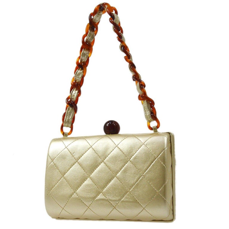 CHANEL Gold Metallic Lambskin Quilted Leather Tortoise Kisslock ...