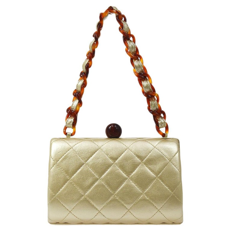 CHANEL Gold Metallic Lambskin Quilted Leather Tortoise Kisslock Shoulder  Bag For Sale at 1stDibs