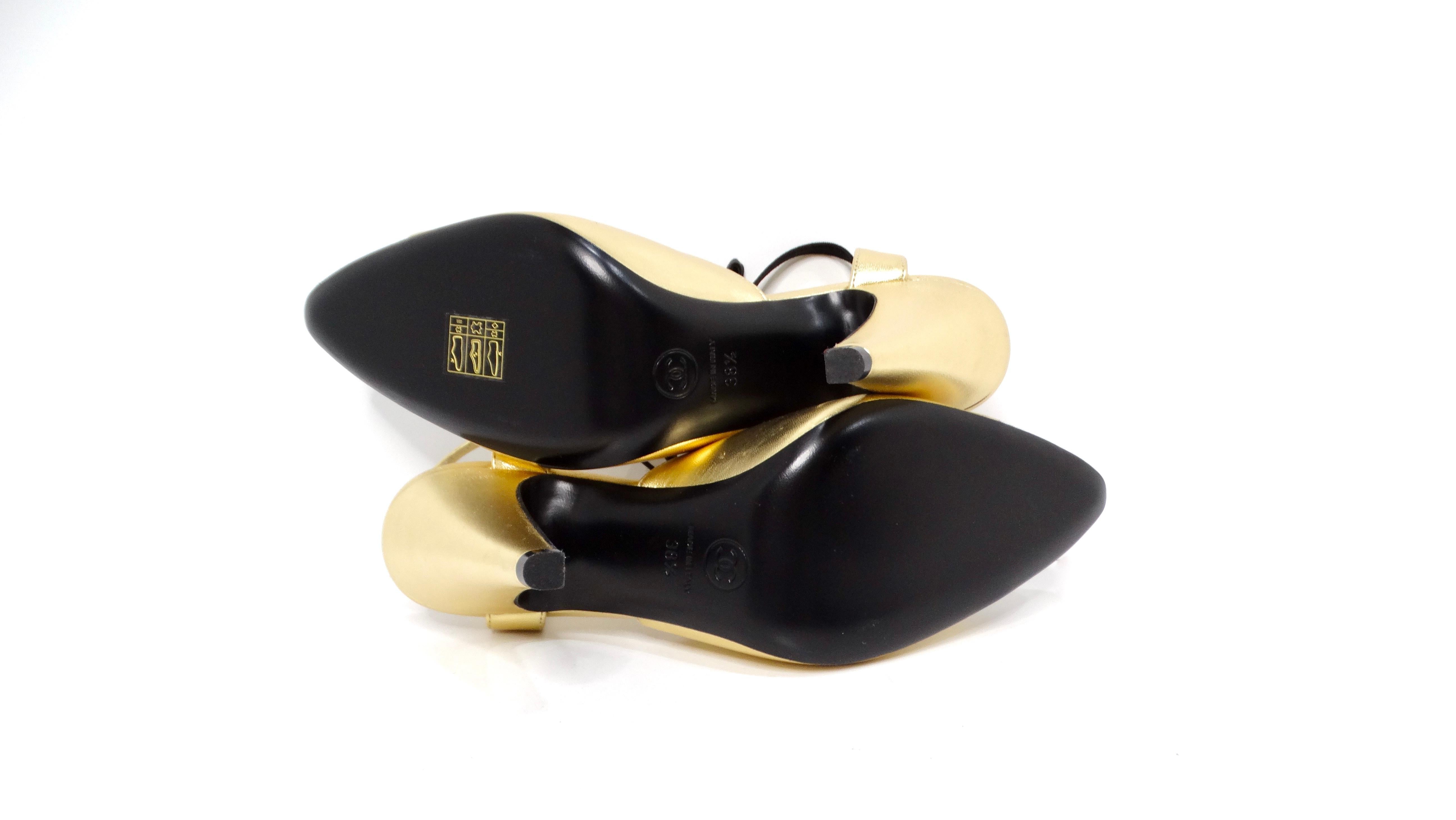 Chanel Gold Metallic Laminated Lambskin Grosgrain Slingback Pumps With Bows 6