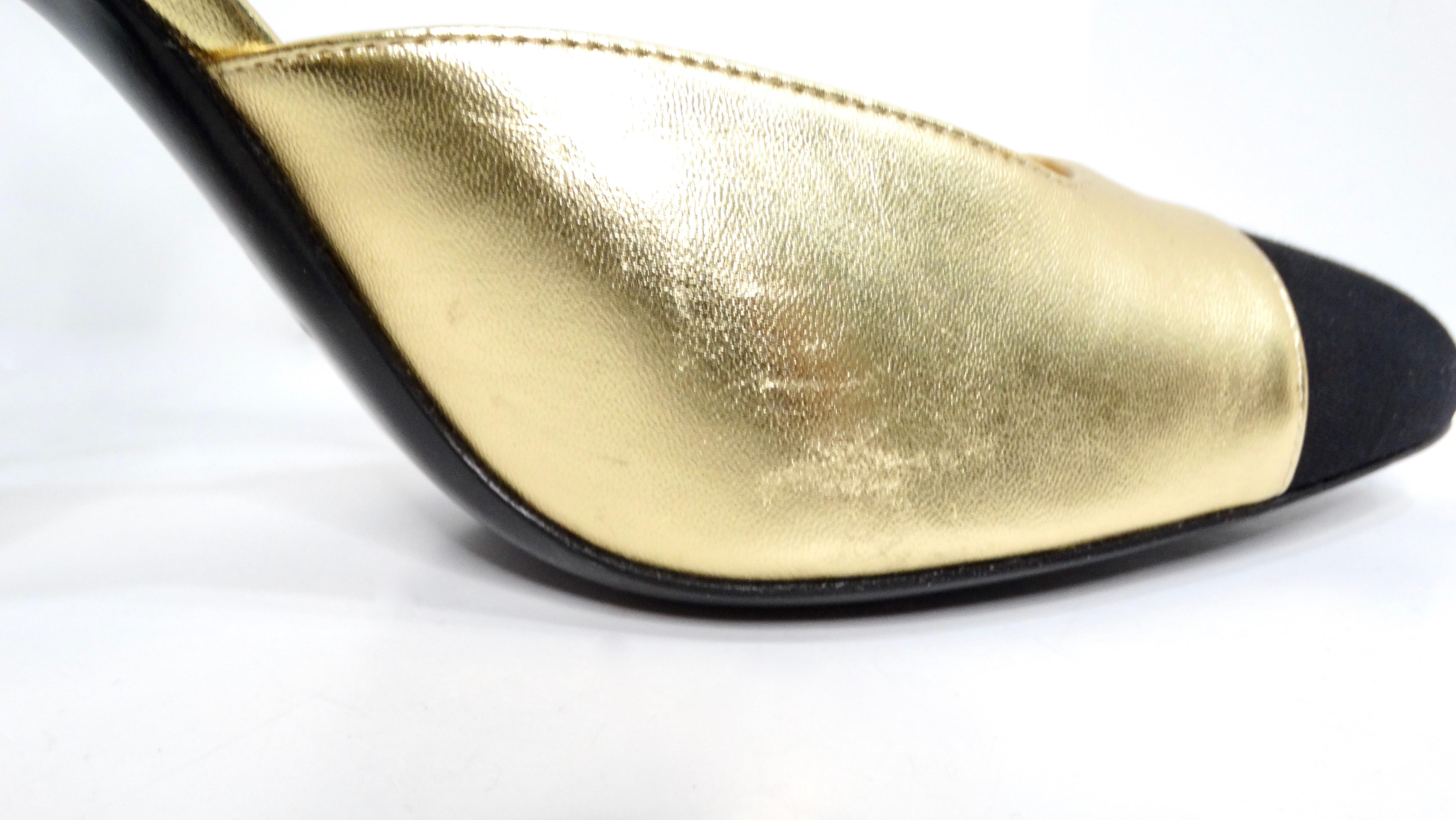 Chanel Gold Metallic Laminated Lambskin Grosgrain Slingback Pumps With Bows 4