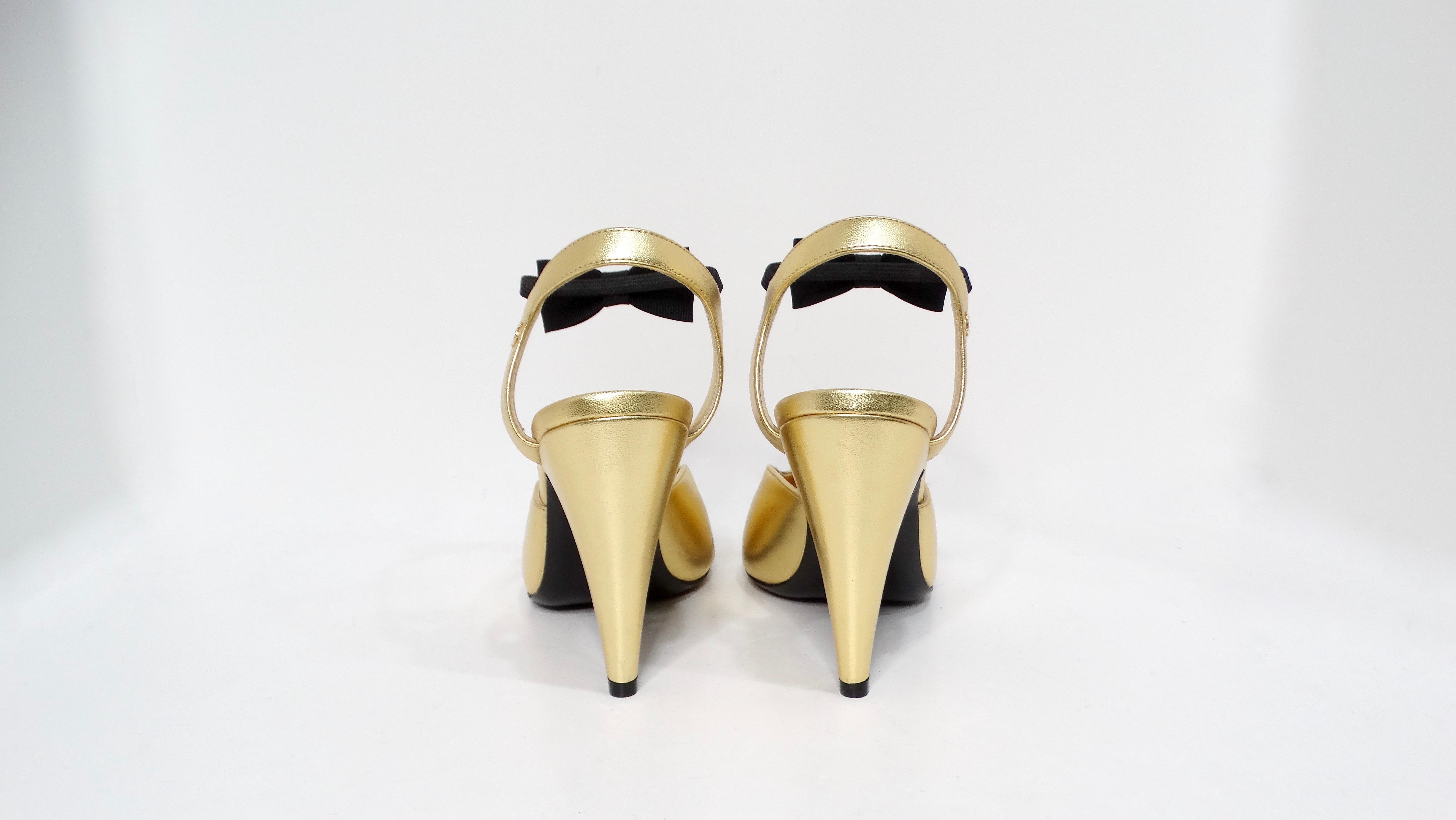 Chanel Gold Metallic Laminated Lambskin Grosgrain Slingback Pumps With Bows 5
