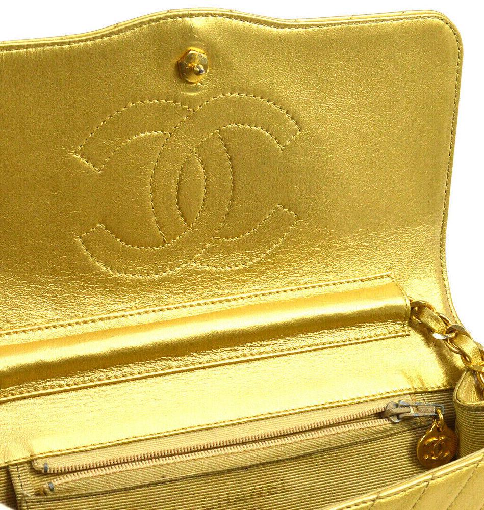 Women's Chanel Gold Metallic Leather Chevron Small Evening Shoulder Flap Bag