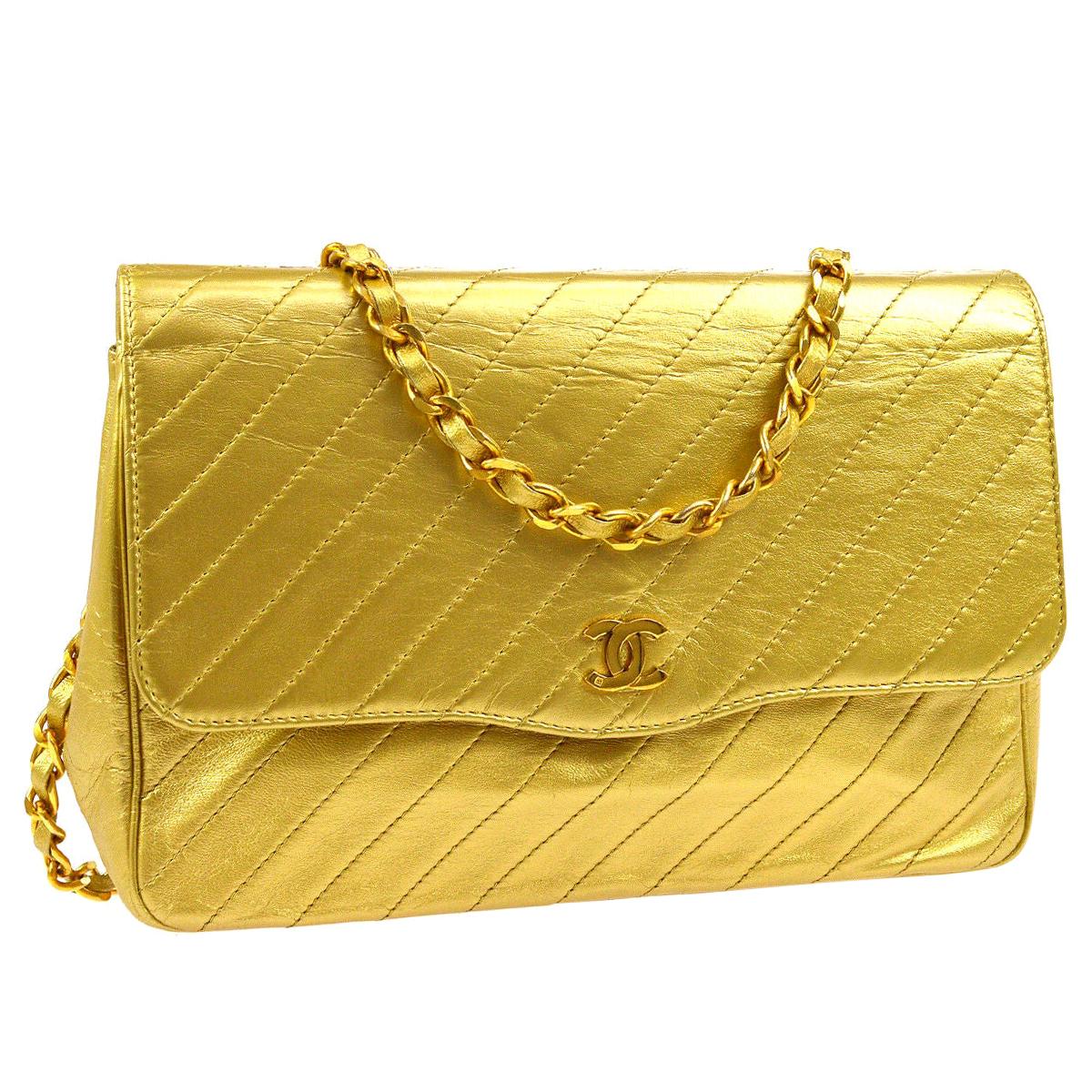 Chanel Gold Metallic Leather Chevron Small Evening Shoulder Flap Bag